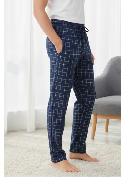 Kareli Pamuklu Elastan Erkek Pijama Altı Ince Rahat Kalıp Cepli Ipli Esnek Lacivert-Bordo Ekoseli indirimleri