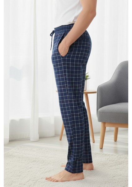 Kareli Pamuklu Elastan Erkek Pijama Altı Ince Rahat Kalıp Cepli Ipli Esnek Lacivert-Bordo Ekoseli