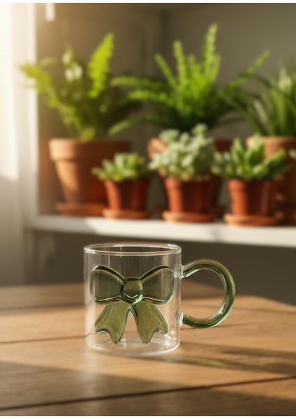 Borosilikat Cam Kupa – Kurdelalı Şeffaf Kahve & Çay Bardağı Yeşil