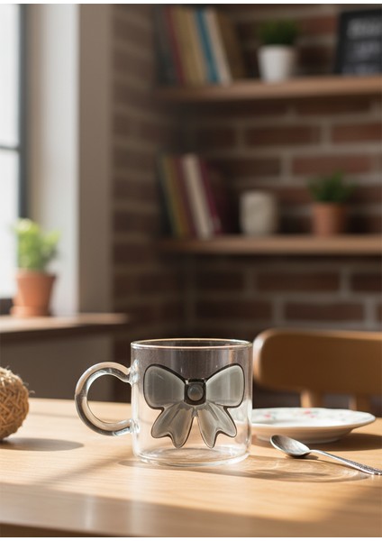 Borosilikat Cam Kupa – Kurdelalı Şeffaf Kahve & Çay Bardağı Siyah Renk