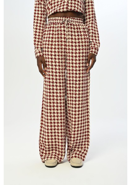 Kadın Beli Lastikli Bol Paça Kazayağı Desenli Pantolon