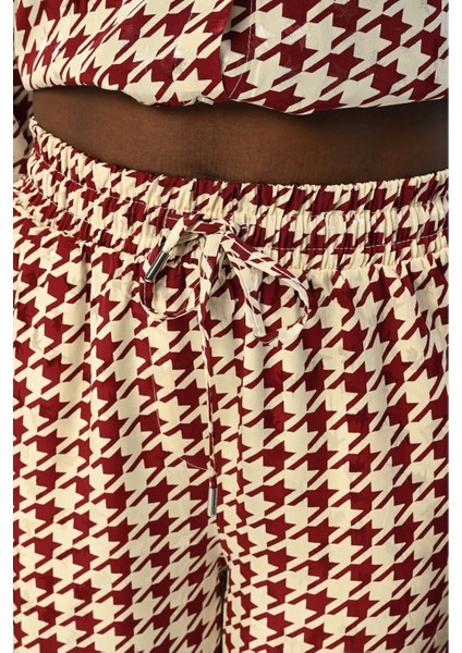 Kadın Beli Lastikli Bol Paça Kazayağı Desenli Pantolon fiyatları