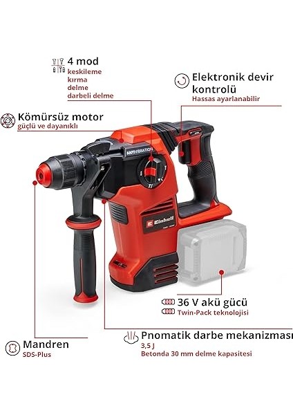 Professional Akülü Kırıcı Delici Tp-Hd 36/30 Li Bl +4 – Solo Power X-Change (18 V, Kömürsüz, 3.5 J, Sds-Plus, Pnömatik Darbe Mekanizması, D-Tutma Kolu, Çanta,) modelleri