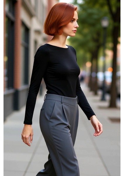 Kadın Fitted Kırmızı Kayık Yaka Uzun Kollu Likralı Penye Süprem Bluz Günlük Kombinler Için Ideal