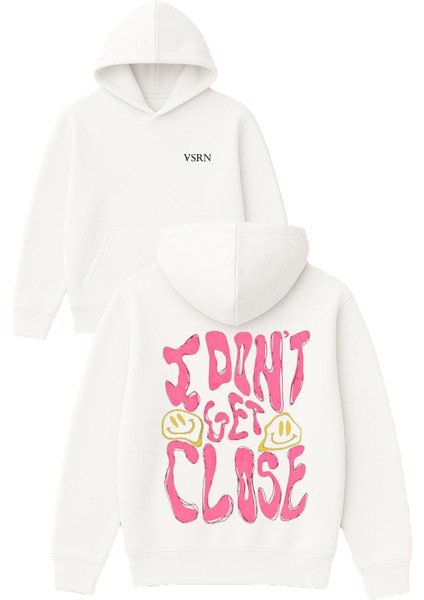 I Dont Get Close Tasarım Baskılı Oversize Beyaz Kapüşonlu Sweatshirt