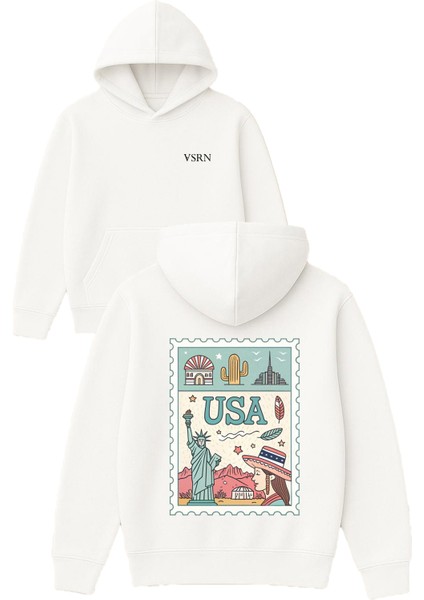 Usa Card Tasarım Baskılı Oversize Beyaz Kapüşonlu Sweatshirt