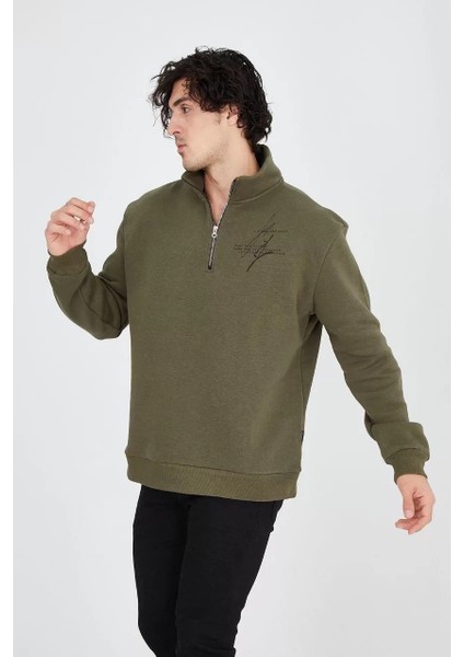 Erkek Yarım Fermuarlı Baskılı Sweat - Yeşil fiyatları