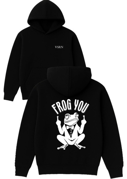 Frog You Tasarım Baskılı Oversize Siyah Kapüşonlu Sweatshirt