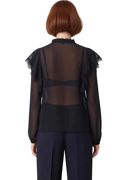 Kadın Giyim Şifon Bluz Transparan Kumaş Dantel Detaylı Balon Kol Bağcıklı Yaka Kaliteli Şık modelleri