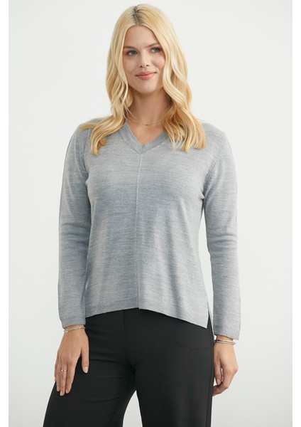 Arkası Uzun V Yaka Triko Kazak - Gri modelleri