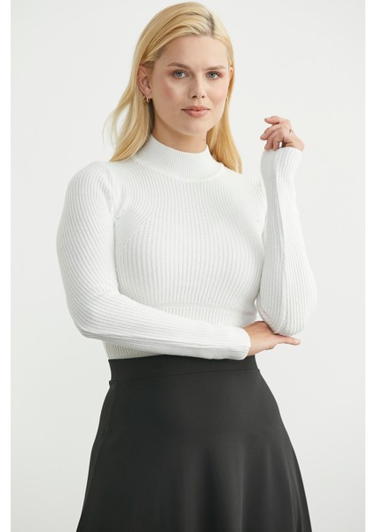 Yarım Balıkçı Fitilli Bodysuit Triko Kazak - Kemik