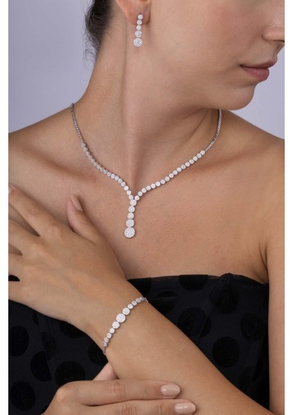 Süzme Su Yolu Rodyum Kaplama 925 Ayar Gümüş Düğün Seti