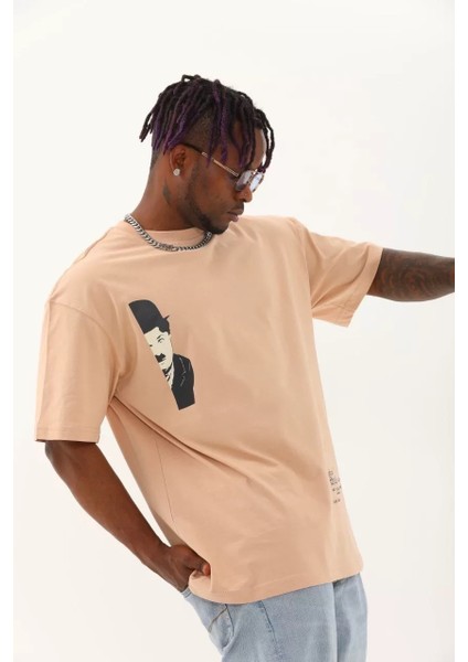 Unisex Oversize Baskılı Bisiklet Yaka T-Shirt - Bej modelleri