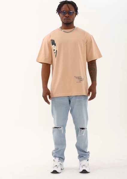 Unisex Oversize Baskılı Bisiklet Yaka T-Shirt - Bej fırsatları