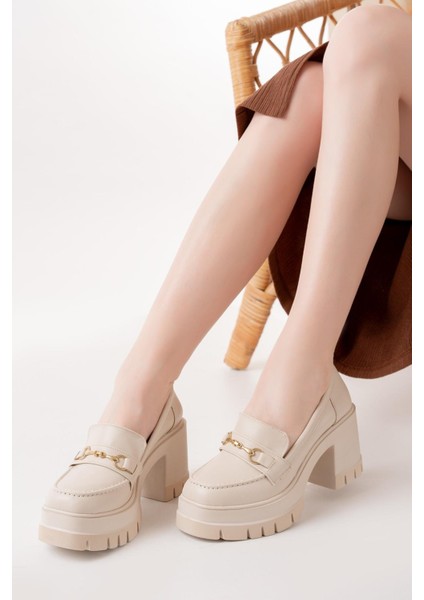 Kadın Cilt Tokalı 8 cm Yüksek Topuklu Leofer Nut