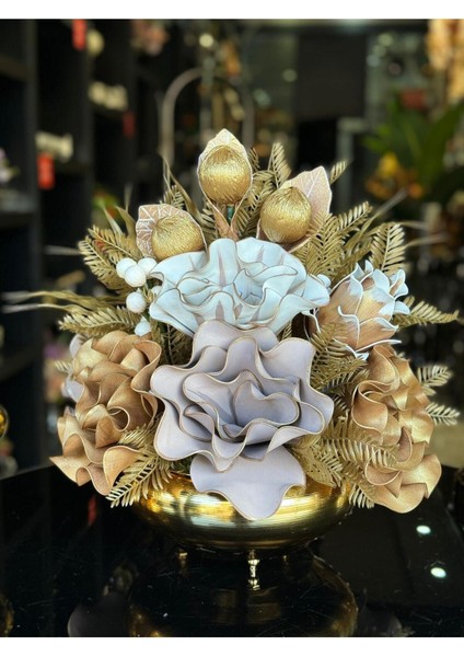 Yapay Çiçek Aranjmalı Gold Yassı Vazo No:19