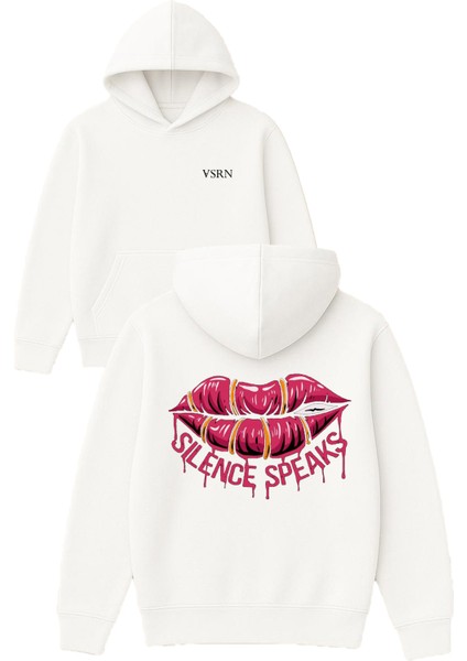 Sılence Speaks Tasarım Baskılı Oversize Beyaz Kapüşonlu Sweatshirt