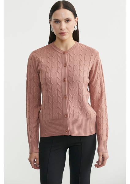 Düğmeli Sıfır Yaka Triko Hırka - Gül