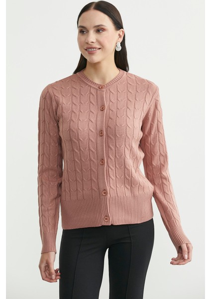 Düğmeli Sıfır Yaka Triko Hırka - Gül fiyatları