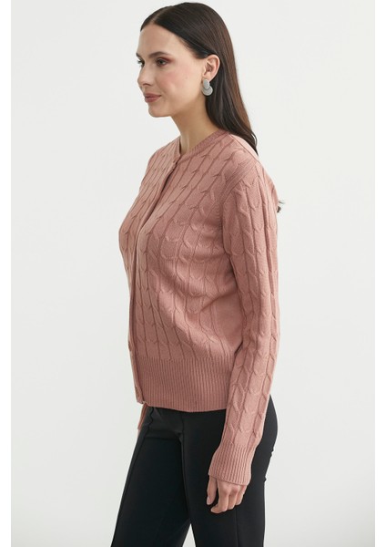 Düğmeli Sıfır Yaka Triko Hırka - Gül modelleri