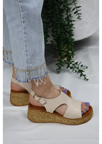 Kadın Elena Mantar Taban Ortopedik Sandelet Bej modelleri