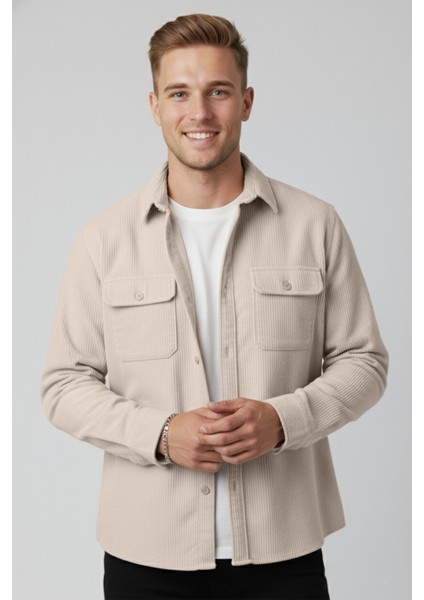 Bej Cepli Likralı Kadife Kumaş Rahat Kesim Erkek Gömlek – Yumuşak Dokulu, Şık Tasarım Gömlek 2600759