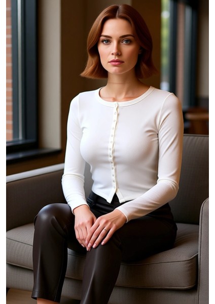 Kadın Fitted Vücuda Oturan Önü Çıtçıtlı Bisiklet Yaka Uzun Kollu Örme Crop Üst Kaliteli Şık