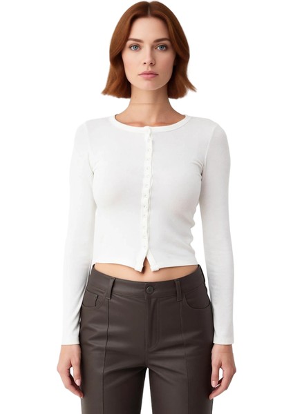 Kadın Fitted Vücuda Oturan Önü Çıtçıtlı Bisiklet Yaka Uzun Kollu Örme Crop Üst Kaliteli Şık fiyatları