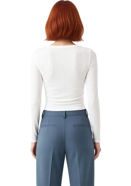 Kadın Fitted Vücuda Oturan Önü Çıtçıtlı Bisiklet Yaka Uzun Kollu Örme Crop Üst Kaliteli Şık modelleri