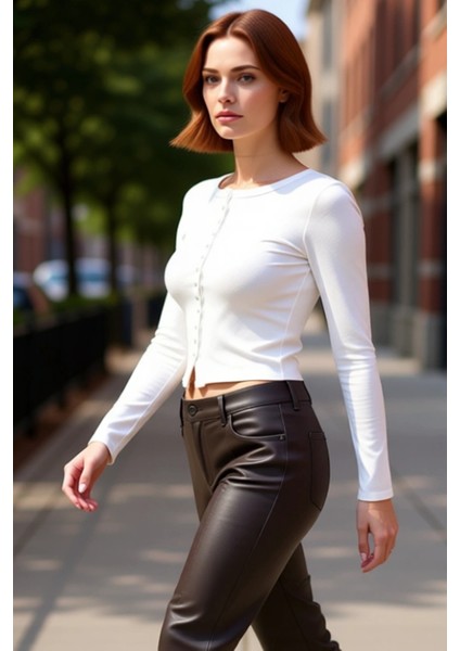 Kadın Fitted Vücuda Oturan Önü Çıtçıtlı Bisiklet Yaka Uzun Kollu Örme Crop Üst Kaliteli Şık fırsatları