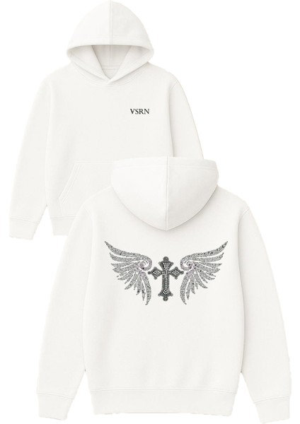 Haçlı Kanat Tasarım Baskılı Oversize Beyaz Kapüşonlu Sweatshirt