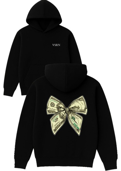 Kurdele Dolır Tasarım Baskılı Oversize Siyah Kapüşonlu Sweatshirt