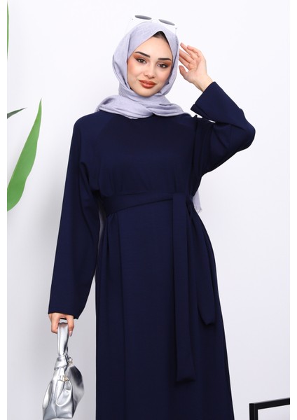 Lacivert Kolu Armalı Reglan Kol Basic Modal Kuşaklı Elbise modelleri