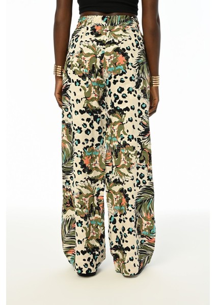 Kadın Yaprak Desenli Rahat Kalıp Beli Lastikli Bol Paça Pantolon fiyatları