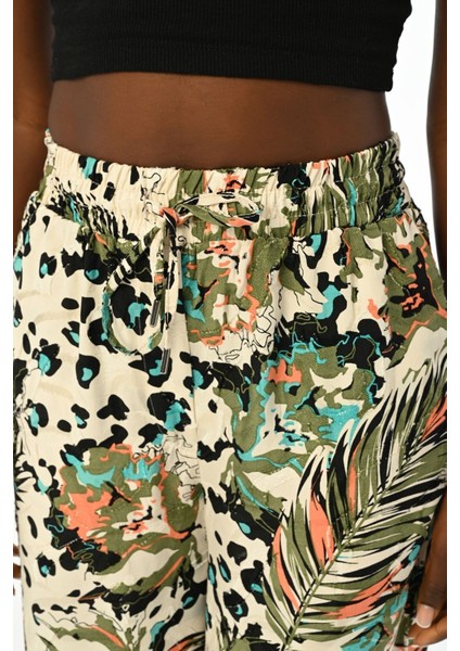 Kadın Yaprak Desenli Rahat Kalıp Beli Lastikli Bol Paça Pantolon modelleri