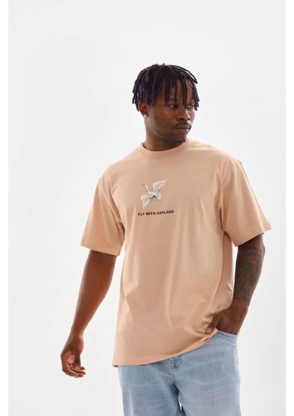 Unisex Baskılı Oversize T-Shirt - Bej indirimleri