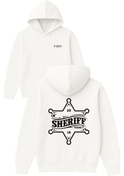 Sherıff Texas Tasarım Baskılı Oversize Beyaz Kapüşonlu Sweatshirt
