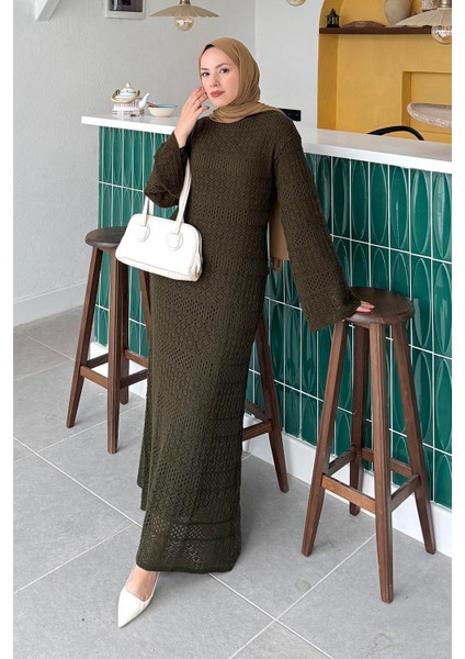 Dantelli Triko Elbise Haki