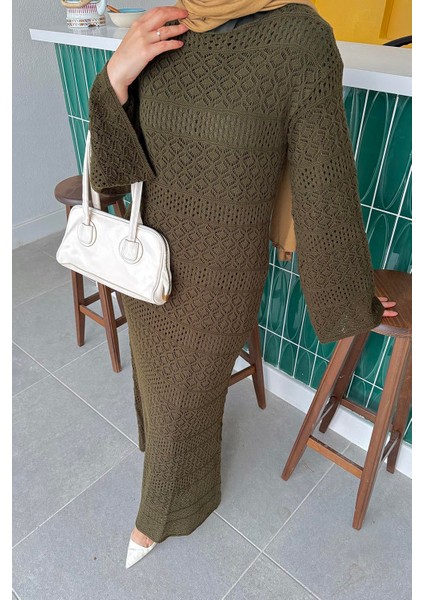 Dantelli Triko Elbise Haki modelleri