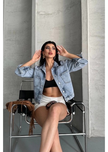 Çift Cepli Kol Katlamalı Kar Yıkama Crop Kot Ceket Buz D2000