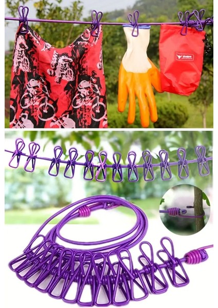 BUFFER® Taşınabilir Seyahat Çamaşır İpi 12 Mandallı Klipsli Lastikli Çamaşır Mandalları