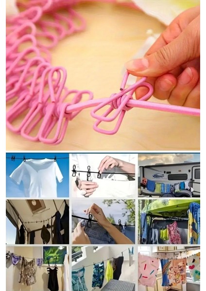 BUFFER® Taşınabilir Seyahat Çamaşır İpi 12 Mandallı Klipsli Lastikli Çamaşır Mandalları