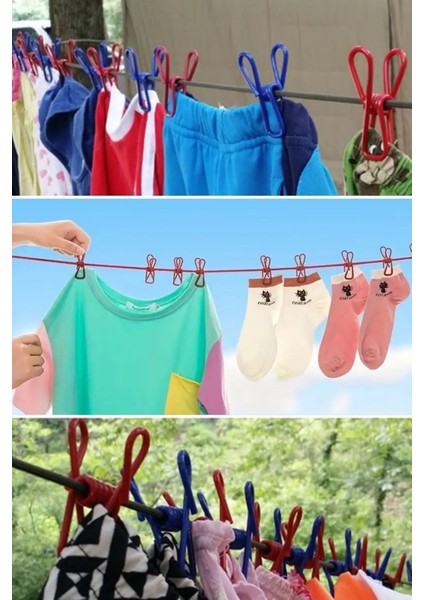 BUFFER® Taşınabilir Seyahat Çamaşır İpi 12 Mandallı Klipsli Lastikli Çamaşır Mandalları