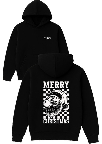 Ağzı Sakızlı Noel Baba Tasarım Baskılı Oversize Siyah Kapüşonlu Sweatshirt