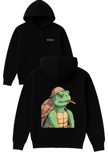 Asker Kaplumbaga Tasarım Baskılı Oversize Siyah Kapüşonlu Sweatshirt