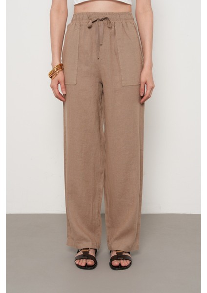 Kadın %100 Keten Cep Detaylı Bol Paça Pantolon