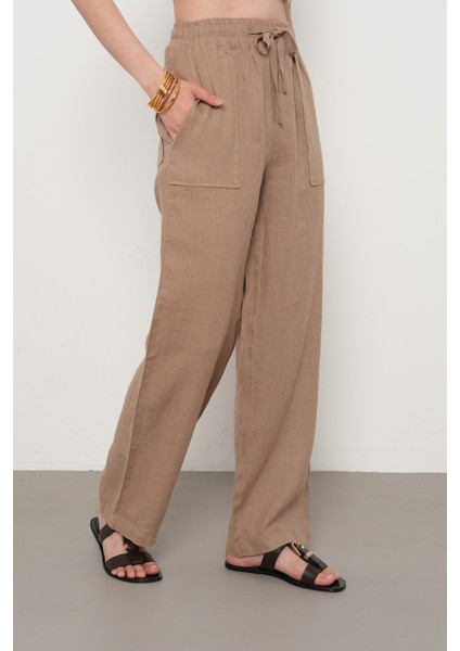 Kadın %100 Keten Cep Detaylı Bol Paça Pantolon fiyatları