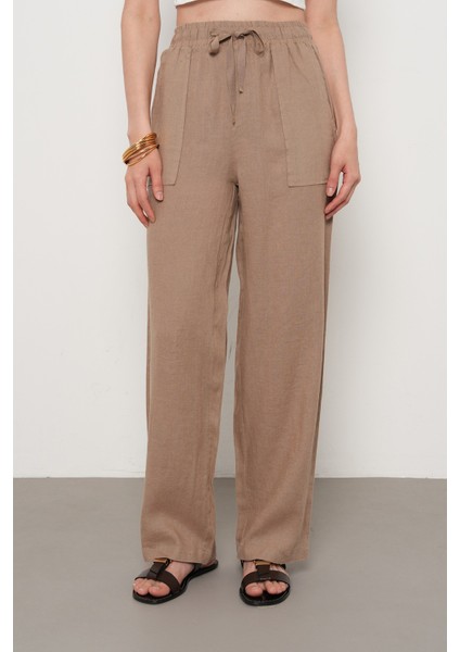 Kadın %100 Keten Cep Detaylı Bol Paça Pantolon modelleri