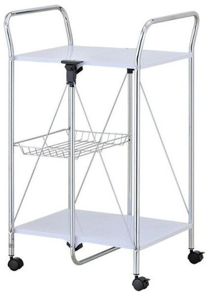 Beyaz, Katlanabilir Tekerlekli Metal Raflı Servis Arabası