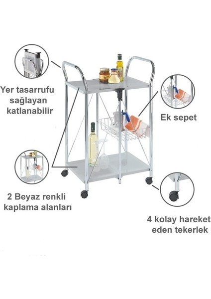 Beyaz, Katlanabilir Tekerlekli Metal Raflı Servis Arabası indirimleri